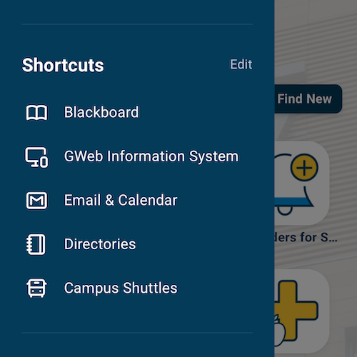 Screenshot of the shortcuts menu in myGW with the campus shuttles page added